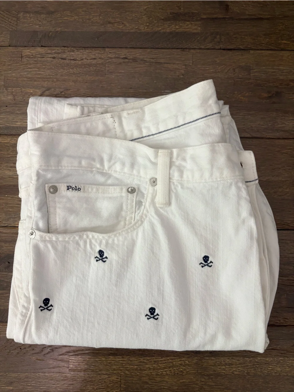 Polo Ralph Lauren White Slim Straight Denim Jeans Skull Crossbones 38x34 EUC